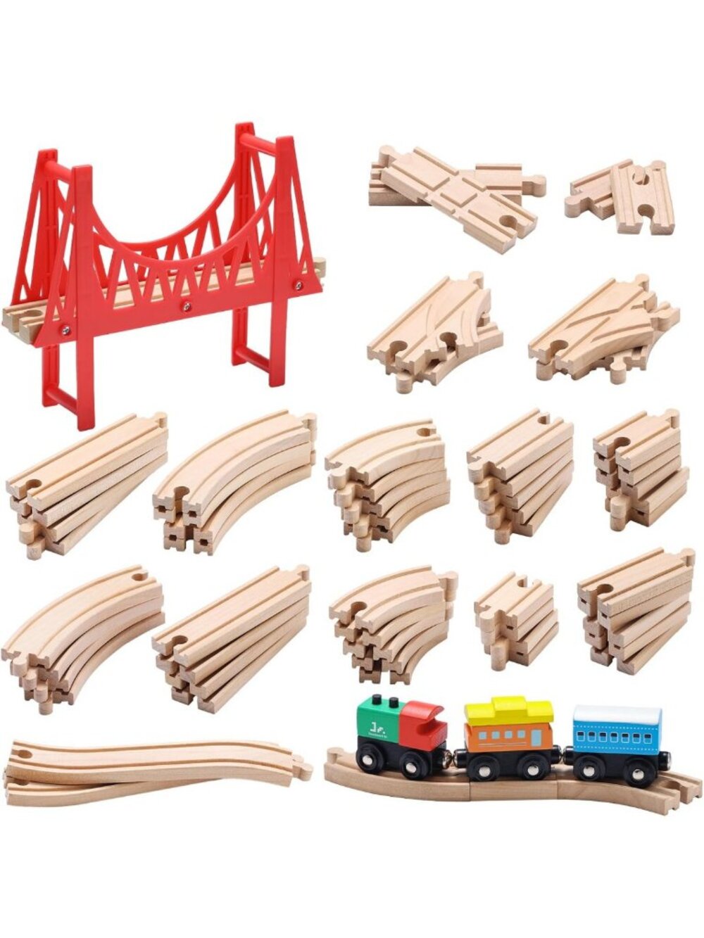 Wooden Train Track Set 62 PCS with Bridge & Trains - Compatible with Major